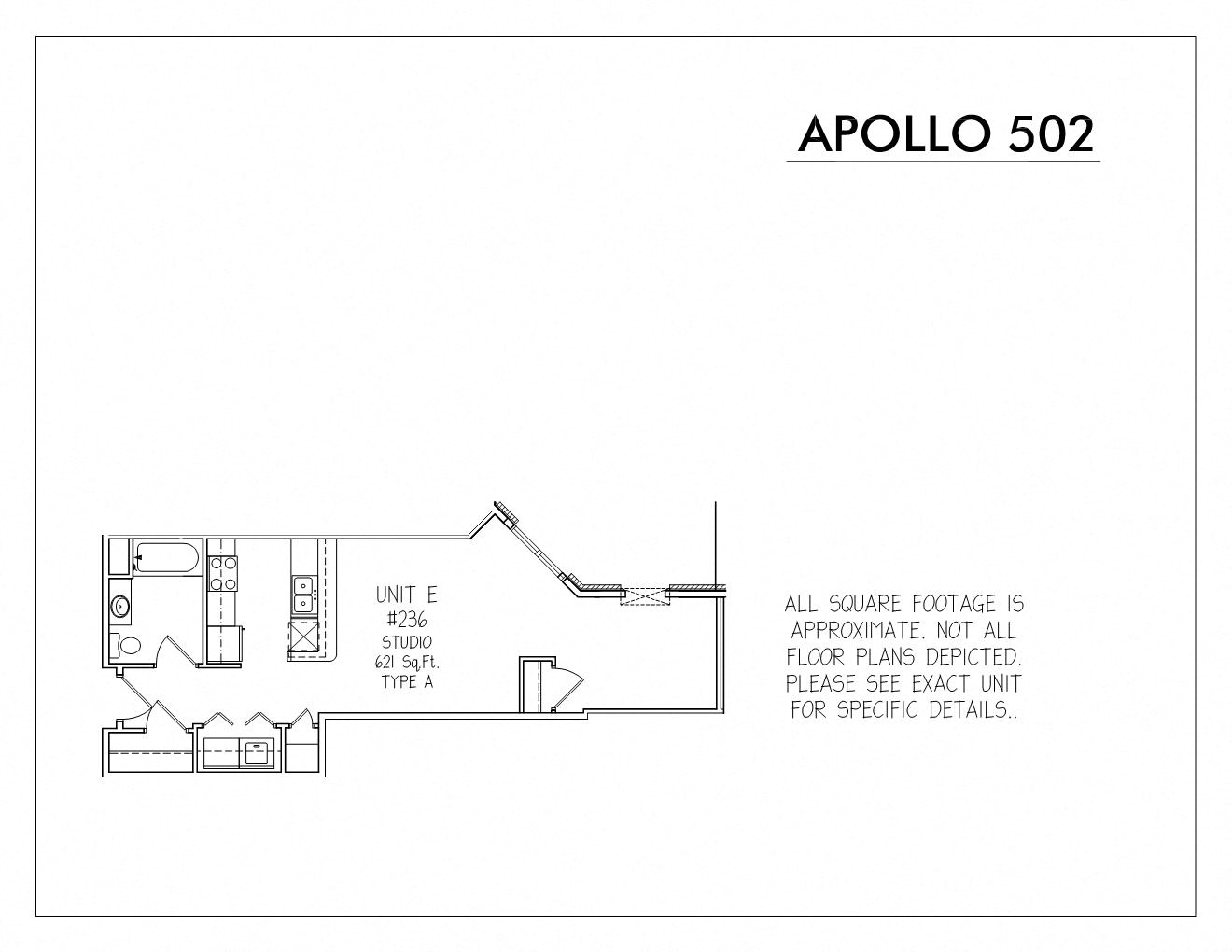 Floor plan for studio, 1 bath, 621 sqft